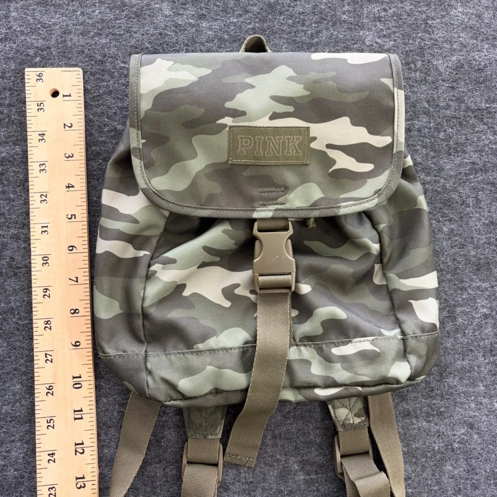 Victorias Secret PINK Mini Backpack Camo Green Canvas Buckle Flap Drawstring Bag - Picture 7 of 7